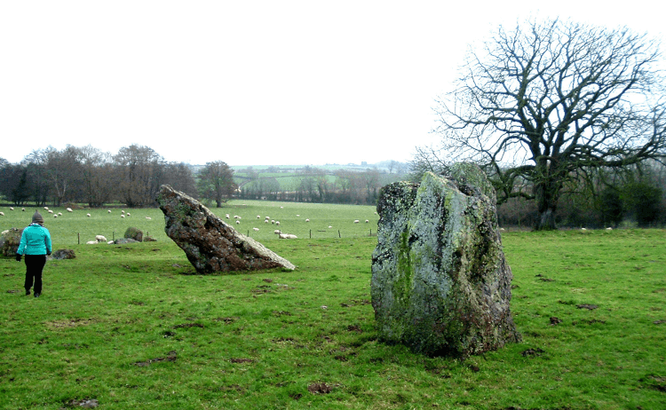 Megaliths by John W. Schulze. A hiker walks amongst the standing stones at Stanton Drew, all of which are taller than her.